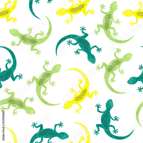 Seamless vector pattern with colorful watercolor lizards.