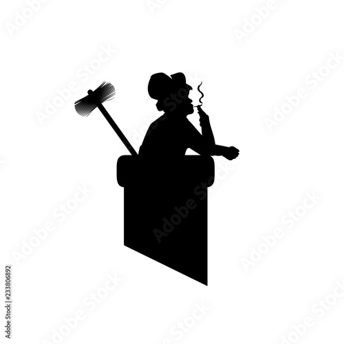 Male silhouette with tools chimney sweep in pipe, got to work and got smoking. Vector illustration for designers