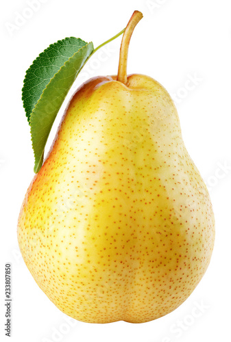 One red yellow pear fruits with green leaf isolated on white with clipping path. Full depth of field.