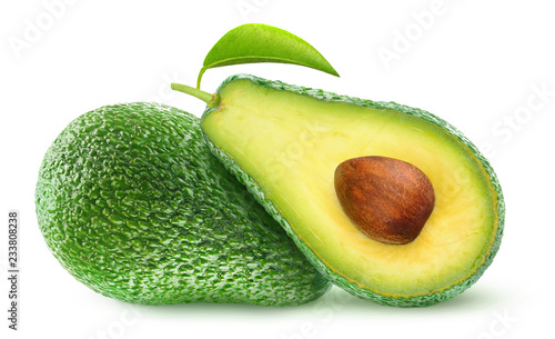 Isolated avocados. Two avocado fruits isolated on white background with clipping path