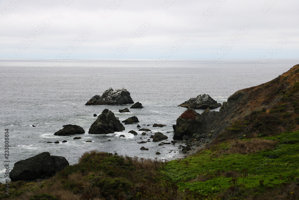 Rocky coast of the Pacific Ocean on a cloudy morning
