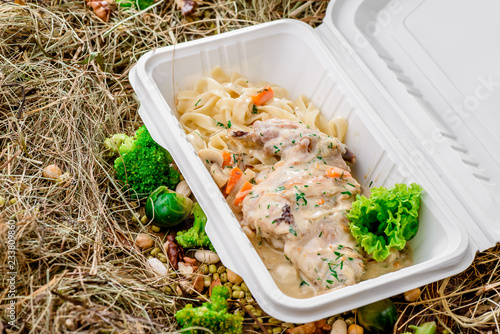 Stewed rabbit in cream sauce with pasta. Healthy food delivery. Take away for diet. Fitness nutrition, vegetables, meat and fruits in eco boxes. at wood and straw with copy space. series of photos