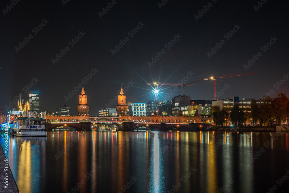 View of the Oberbaumbruecke and light trails  in a cold Autumn night in Berlin - 6