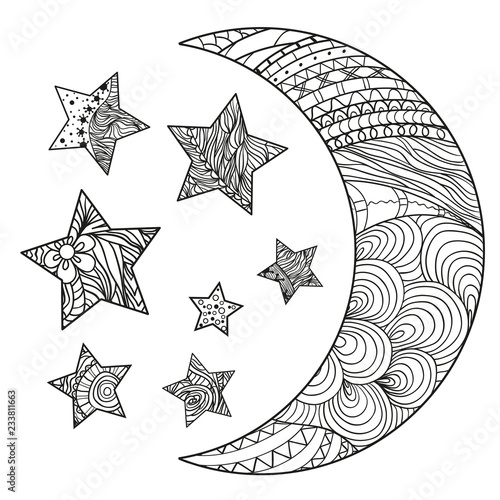 Crescent on white. Moon and stars with abstract patterns on isolation background. Zentangle. Design for spiritual relaxation for adults. Black and white illustration for anti stress colouring page