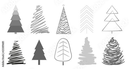 Christmas trees on white. Set for icons on isolated background. Geometric art. Objects for polygraphy, posters, t-shirts and textiles. Black and white illustration