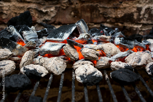 Close up of charcoal on barbecue grill
