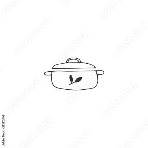 Kitchen logo element, saucepan. Vector hand drawn object.