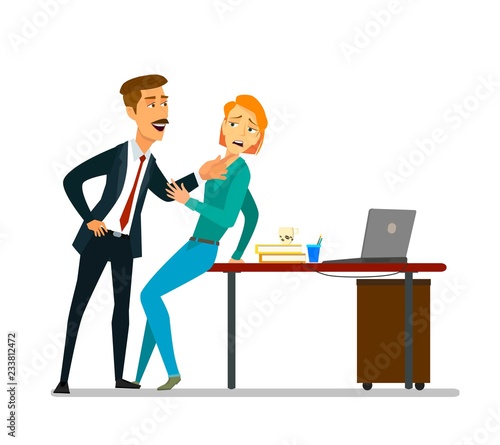 Sexual harassment at work. Man touching secretary's knee.