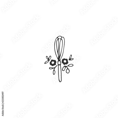 Kitchen logo element, whisk with flowers. Vector hand drawn object.