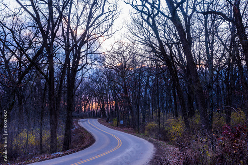 Sunset on the road through New Glarus Woods State Park in Wisconsin