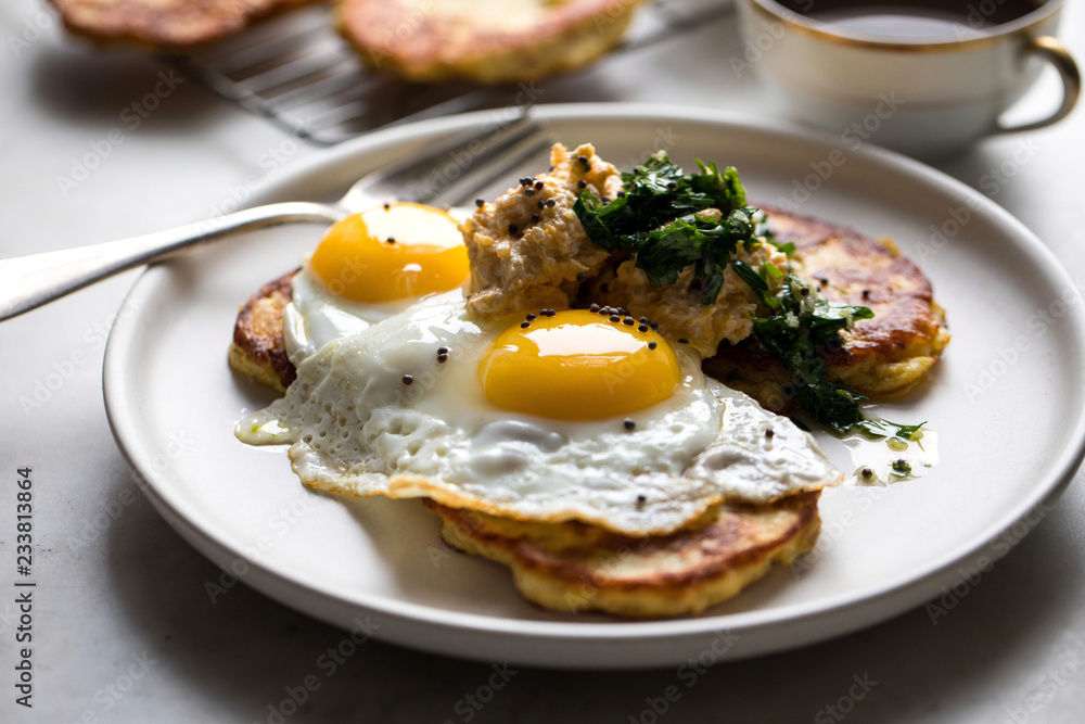 Close up of potato hotcakes served on plate Close up of potato hotcakes served on plate