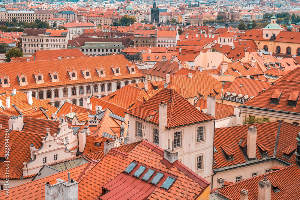 View over historic center of Prague, red roofs of Prague, Czech Republic