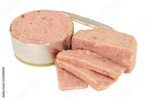 Cheap low quality processed canned ham meat isolated on a white background