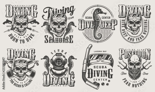 Vintage monochrome diving logos set