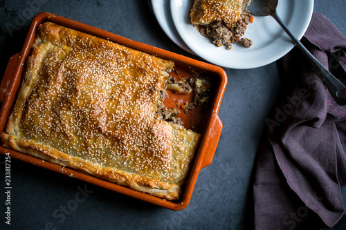 Overhead view of meat pie in casserole
