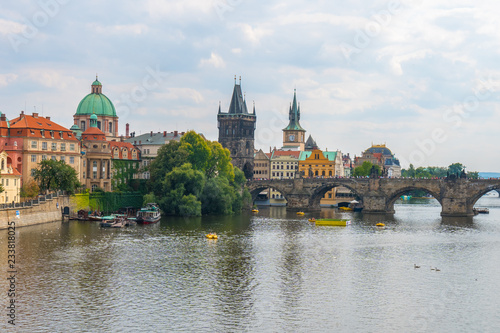 View of the Old Town pier architecture and Charles Bridge over Vltava river in Prague, Czech Republic