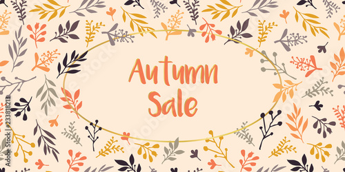 Autumn Sale text vector with hand drawn leaves on beige background. Autumn Sale lettering illustration. Special offer advertisement for flyer  poster  banners  print