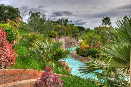River in the park with palms, Tenerife, Canarian Islands