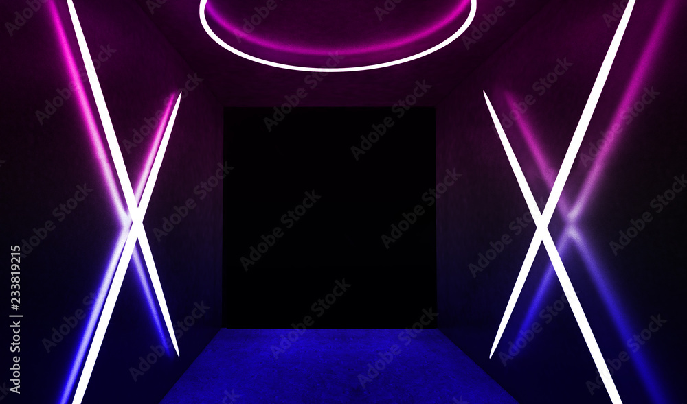 Narrow empty, dark corridor, smoke, neon lights and lamps. Night view. 3D rendering Narrow empty, dark corridor, smoke, neon lights and lamps. Night view. 3D rendering