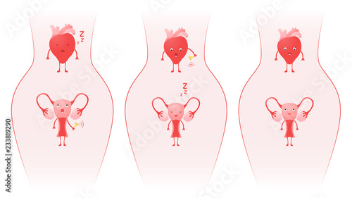 The relationship of the uterus and the heart of a girl (woman). The concept of harmonious love relationships. Vector illustration.