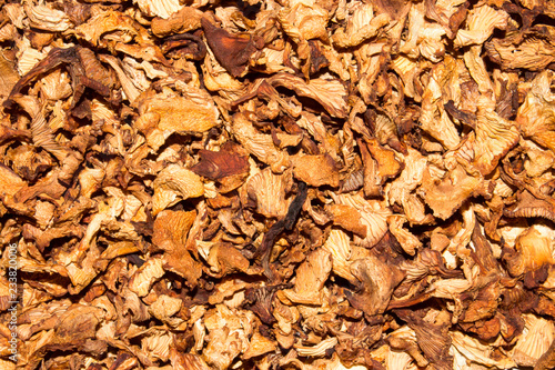 Dried chanterelle mushrooms.Chanterelle mushrooms are dried.Chanterelles are medicinal.The texture of mushrooms. photo