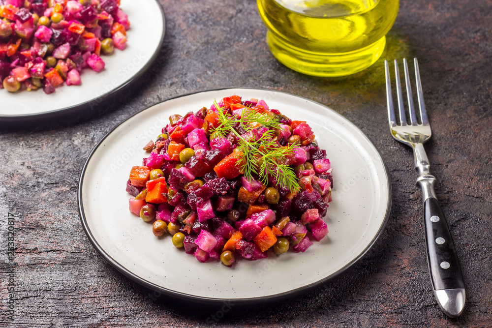 Salad from the beet. Vinaigrette is a traditional Russian salad made from beets and vegetables. Salad from the beet. Vinaigrette is a traditional Russian salad made from beets and vegetables.