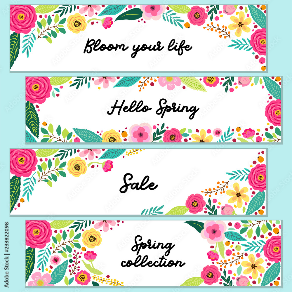 Cute set of Spring Flowers horizontal banners
