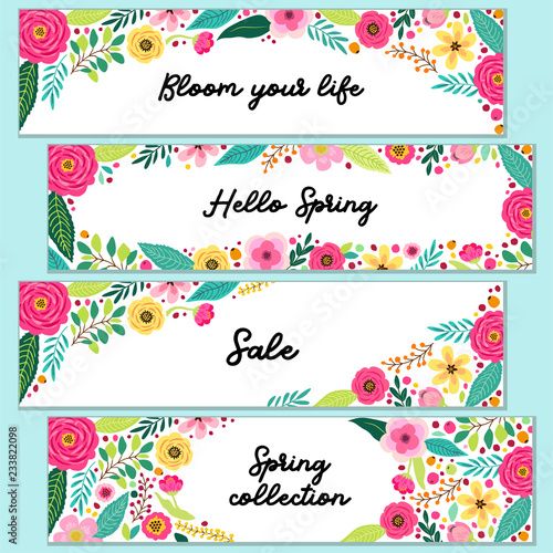 Cute set of Spring Flowers horizontal banners