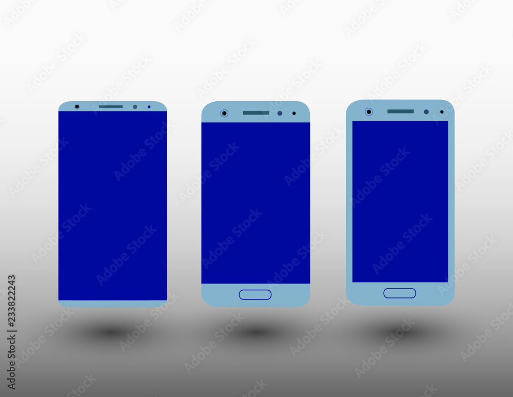 A set of blue color modern touchscreen mobile phones on light background with shadow vector illustration A set of blue color modern touchscreen mobile phones on light background with shadow vector illustration
