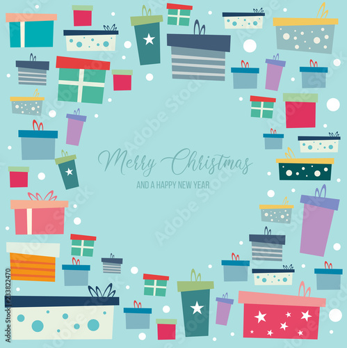 Grußkarte zu Weihnachten mit vielen Geschenken und Merry Christmas