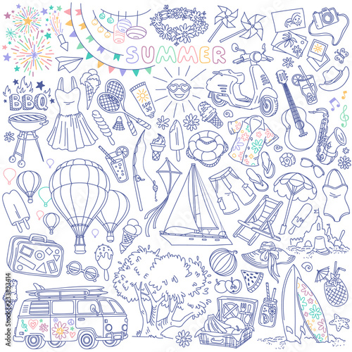 Summer doodle set. Traditional symbols and activities: sun, beach, surfing, travelling, picnic, barbecue party. Hand drawn vector illustration isolated on white background