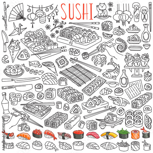 Sushi and rolls doodle set. Japanese cuisine dishes - nigiri  temaki  tamago  sashimi  uramaki  futomaki. Hand drawn vector illustration isolated on white background 