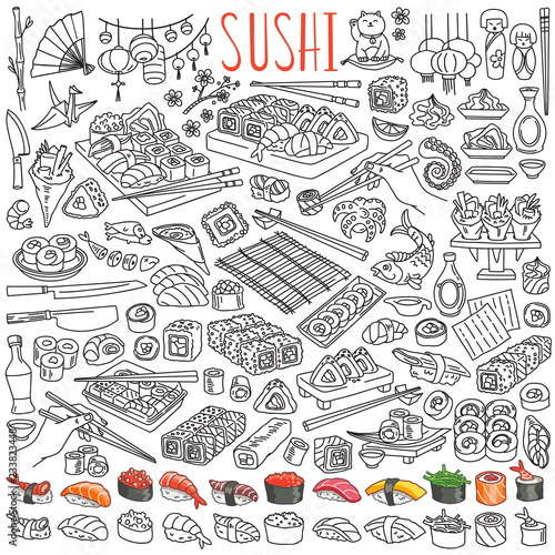 Sushi and rolls doodle set. Japanese cuisine dishes - nigiri, temaki, tamago, sashimi, uramaki, futomaki. Hand drawn vector illustration isolated on white background 