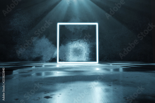 3d rendering of blue lighten square shape with light beam and grunge wall background photo