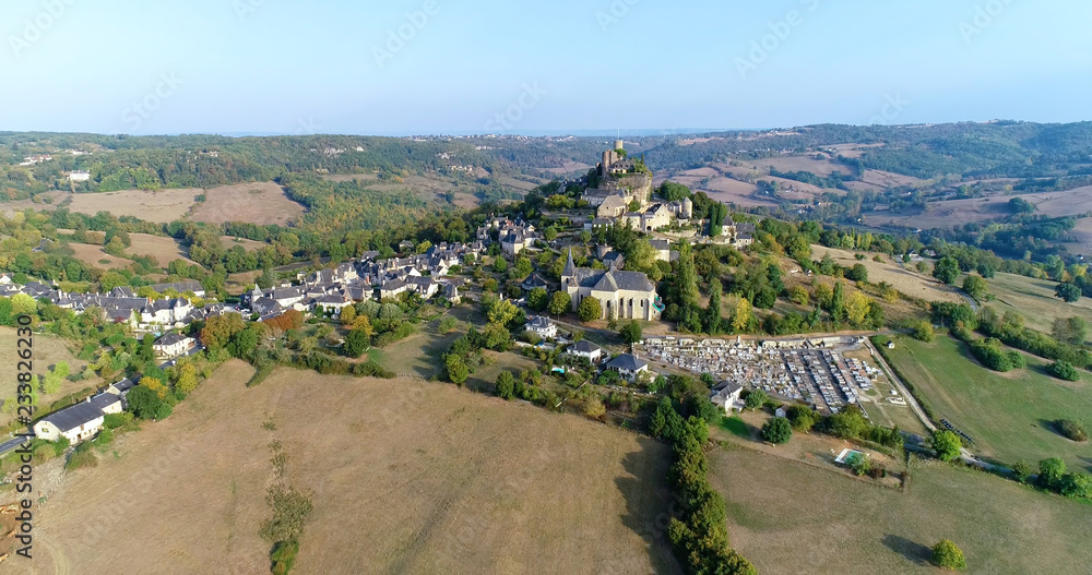 French village in aerial view, Turenne France