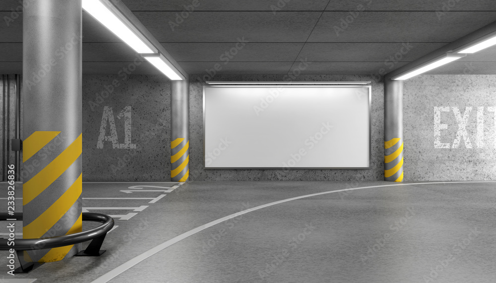 Blank horizontal big poster in an car parking garage under shopping