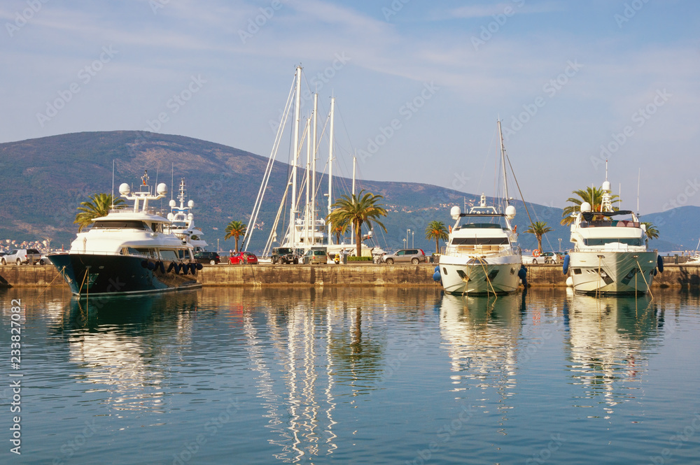 Mediterranean port, view of yacht marina of Porto Montenegro . Montenegro, Bay of Kotor, Tivat city Mediterranean port, view of yacht marina of Porto Montenegro . Montenegro, Bay of Kotor, Tivat city