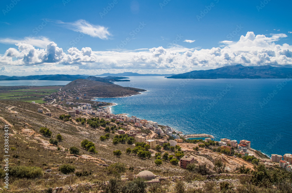 view from Lekuresi Castle (Saranda, Albania) to Corfu, Greece in the background view from Lekuresi Castle (Saranda, Albania) to Corfu, Greece in the background