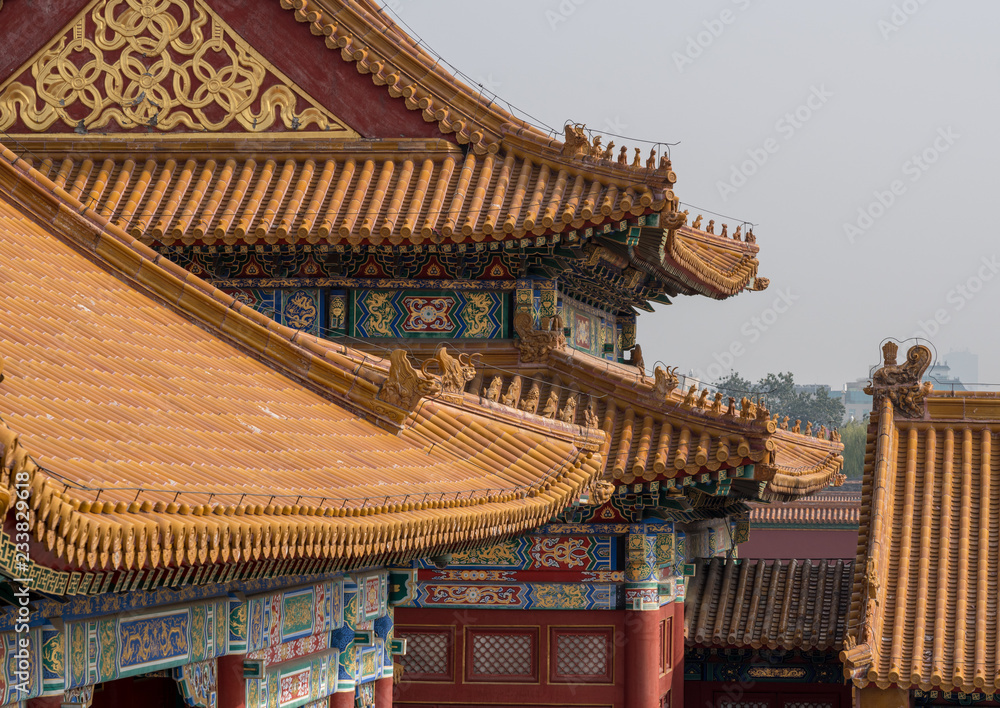 Fototapeta premium Details of roof and carvings in Forbidden City in Beijing