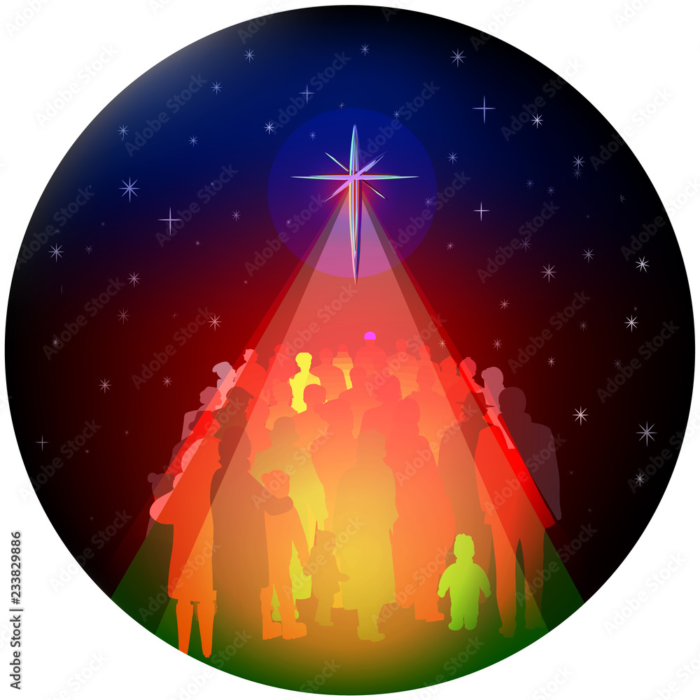 Colorful silhouettes of people of all ages and ethnicity, gathering below a shining star representing the birth of Jesus on Christmas, a vector illustration. 