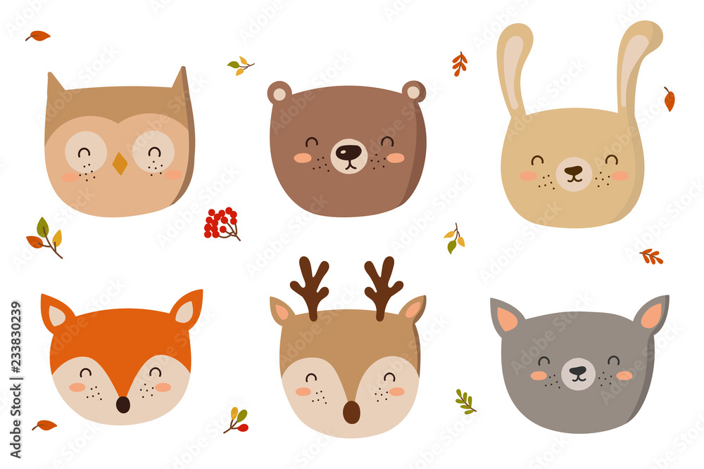 Fototapeta premium Funny animals faces. Doodle illustration. Autumn holiday, baby shower, birthday, children's party