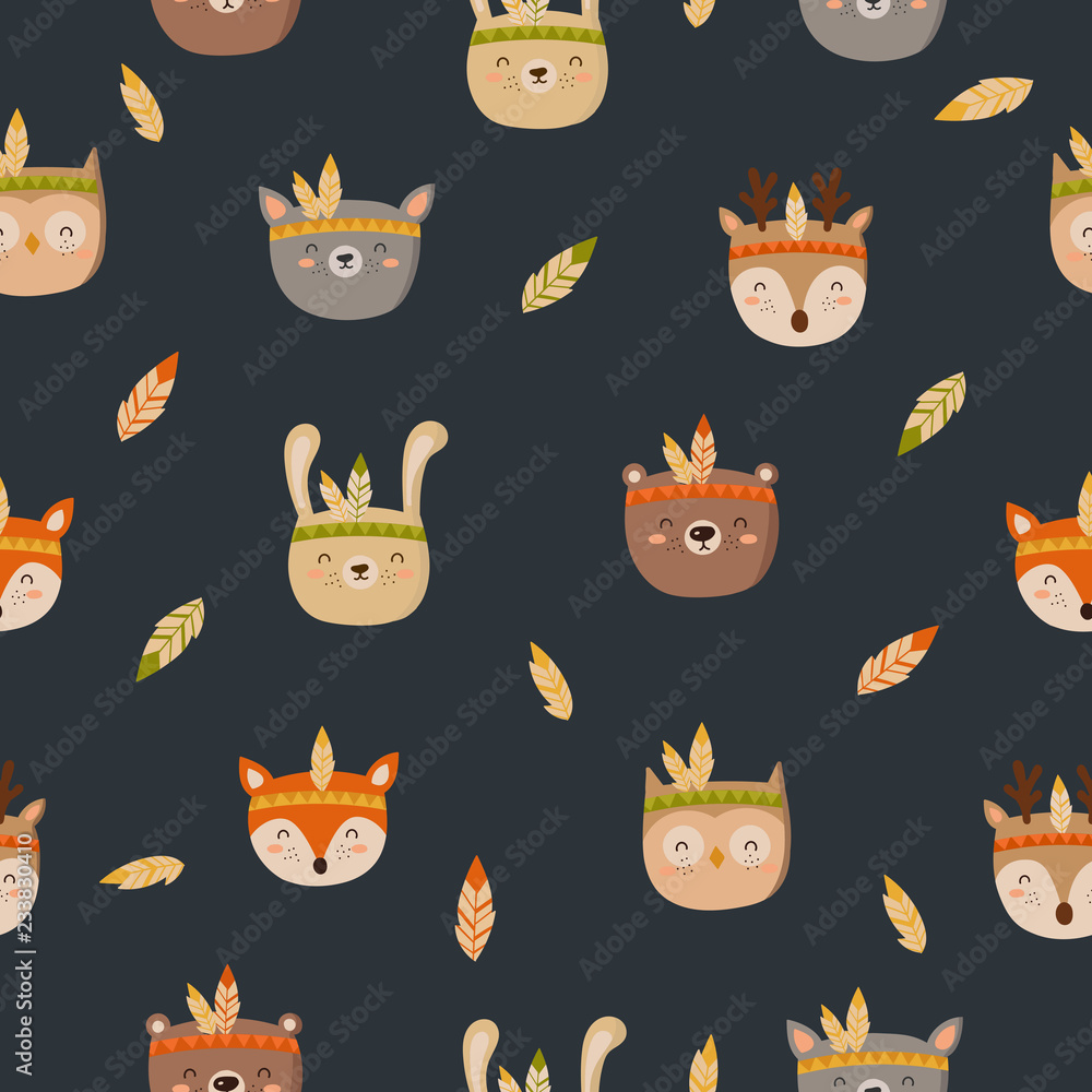 Seamless pattern with tribal animals on a dark background. Doodle illustration. Thanksgiving day, autumn holiday, baby shower Seamless pattern with tribal animals on a dark background. Doodle illustration. Thanksgiving day, autumn holiday, baby shower