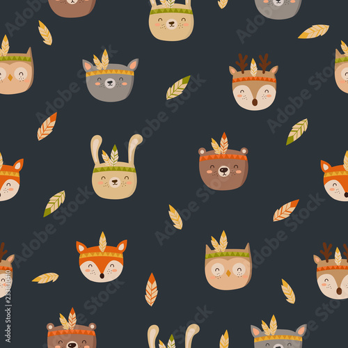 Seamless pattern with tribal animals on a dark background. Doodle illustration. Thanksgiving day, autumn holiday, baby shower