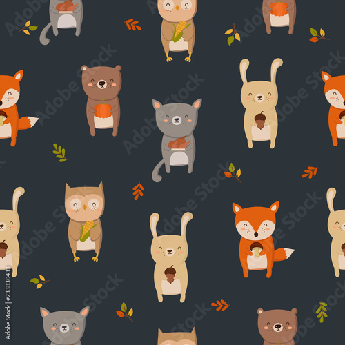 Fototapeta Naklejka Na Ścianę i Meble -  Seamless pattern with animals, branches, leaves on a dark background. Doodle illustration. Thanksgiving day, autumn holiday, baby shower