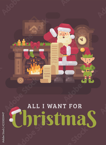 Confused Santa Claus and elf reading a very long kids letter in a cozy room with a fireplace and grandfather clock. Christmas flat illustration greeting card