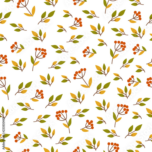 Seamless pattern with branches  leaves  berries on a white background. Doodle illustration. Thanksgiving day  autumn holiday  baby shower