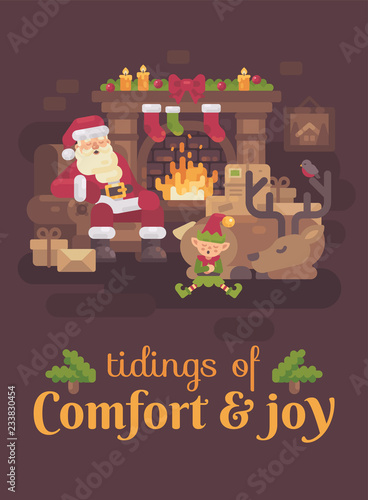 Tired Santa Claus with his reindeer and elf sleeping by the fireplace after a hard Christmas day. New Year greeting card