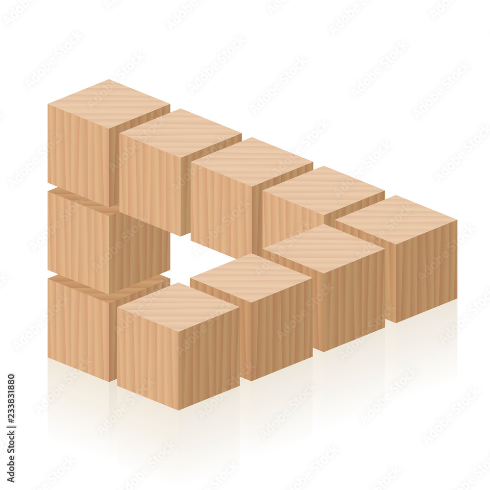 Impossible figure. Optical illusion with wooden cubes. Isolated vector on white background. Impossible figure. Optical illusion with wooden cubes. Isolated vector on white background.
