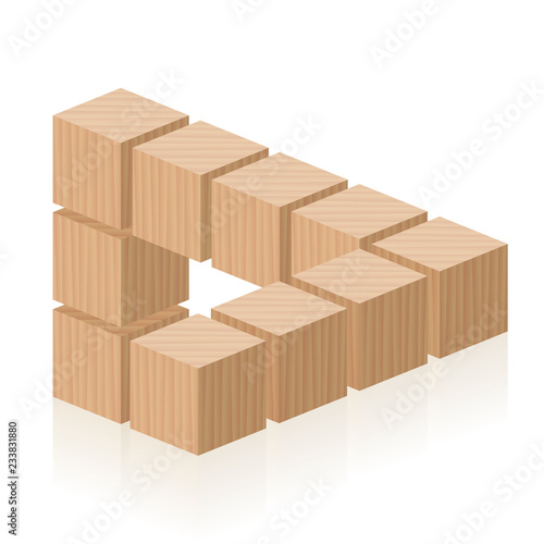 Impossible figure. Optical illusion with wooden cubes. Isolated vector on white background.