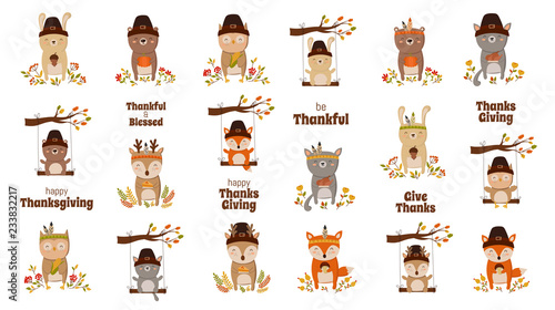 Happy Thanksgiving, greeting card, poster or flyer for holiday. Funny animals collection.